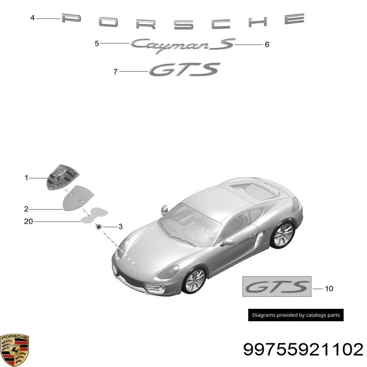 99755921102 Porsche emblema de capó