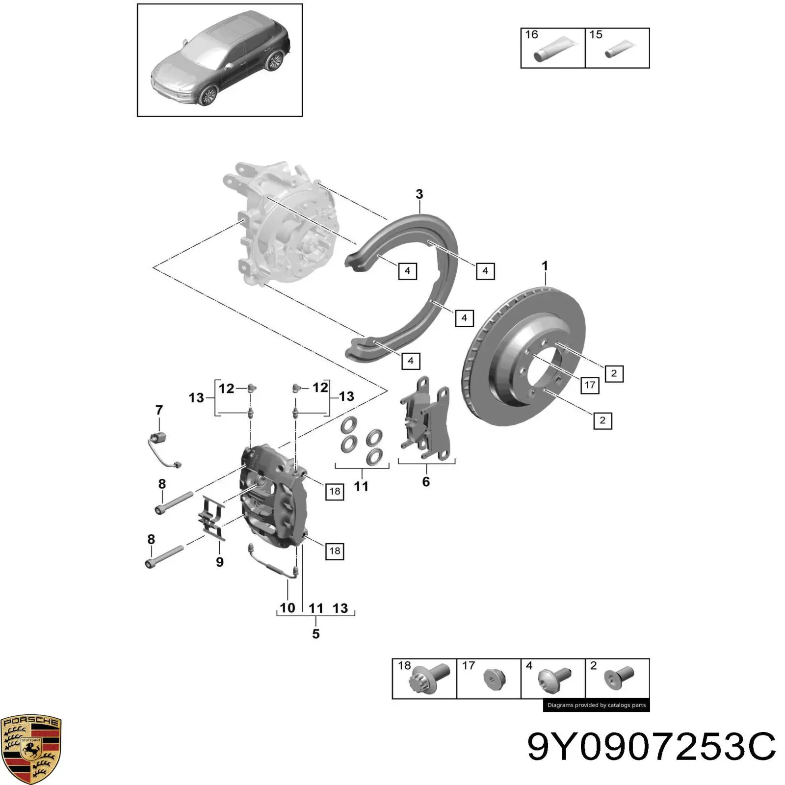 9Y0907253C Porsche contacto de aviso, desgaste de los frenos, trasero