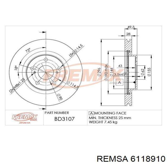 Disco de freno delantero Remsa 6118910