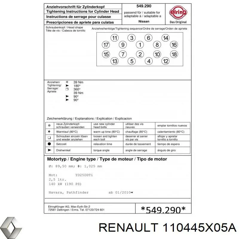 Juntas de culata Nissan/Infiniti 110445X05A precio, desde 43,97 EUR