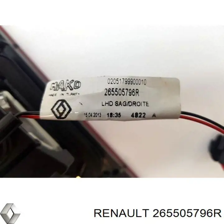 Piloto trasero interior derecho Renault (RVI) 265505796R