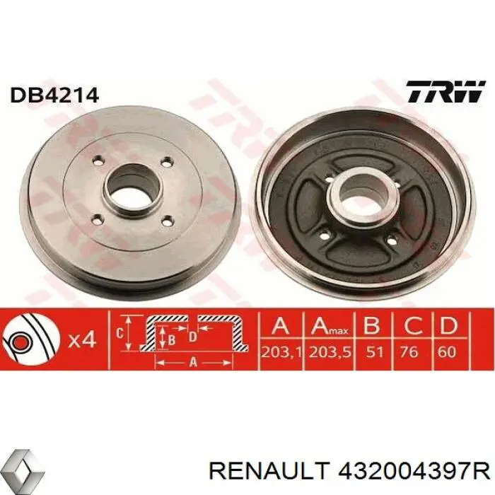 Tambor de freno trasero Renault (RVI) 432004397R precio, desde 100,97 EUR