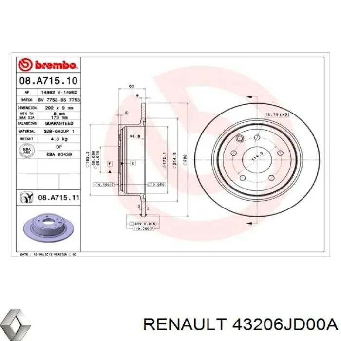 Disco de freno trasero 43206JD00A Renault (RVI)