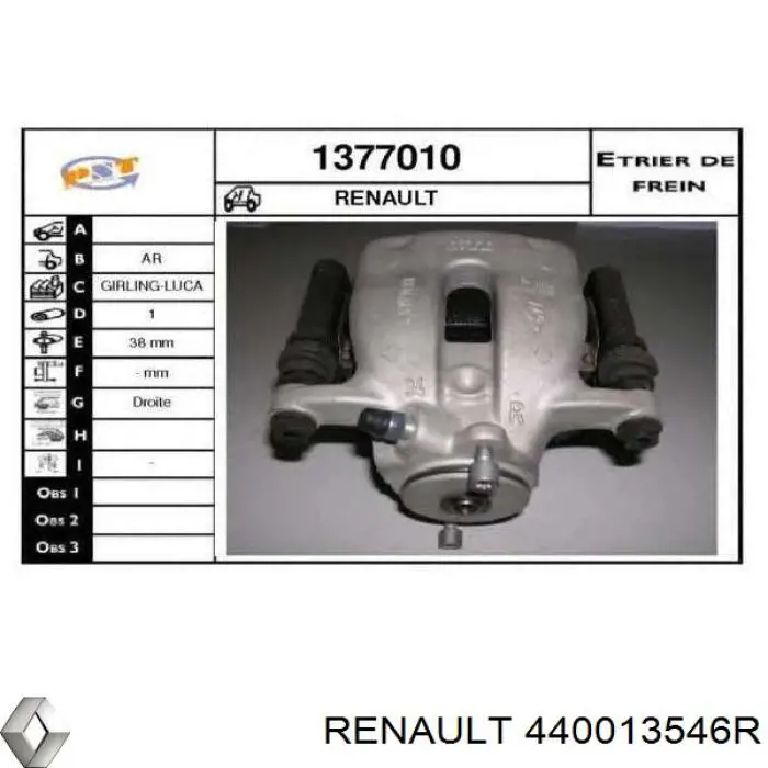 440013546R Renault (RVI) pinza de freno trasero derecho