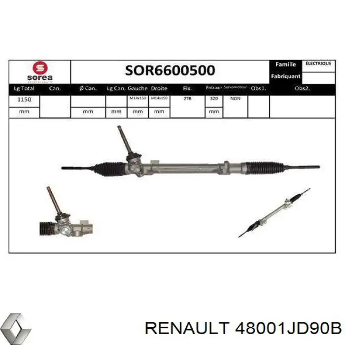 48001JD90B Renault (RVI) cremallera de dirección