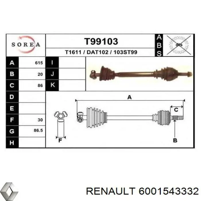 6001543332 Renault (RVI) árbol de transmisión delantero derecho