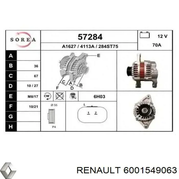 Alternador del motor Renault (RVI) 6001549063 precio, desde 117,61 EUR