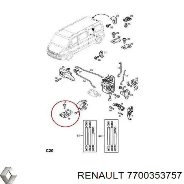 Comprar 7700353757 Renault (RVI) Pieza de enganche superior izquierda de cerradura de puerta trasera de doble hoja