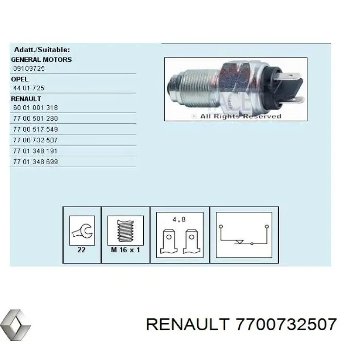 7700732507 Renault (RVI) interruptor, piloto de marcha atrás