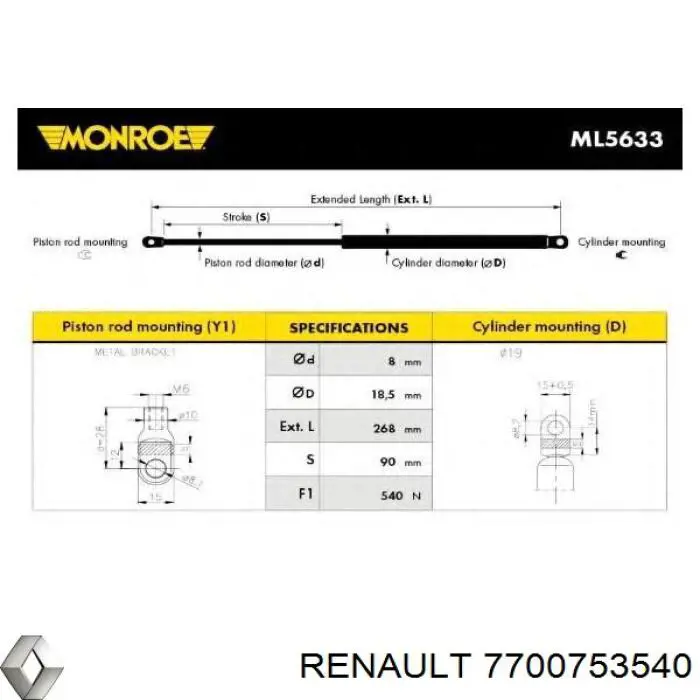 7700779995 Renault (RVI) muelle neumático, capó de motor