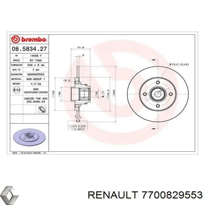 7700829553 Renault (RVI) disco de freno trasero