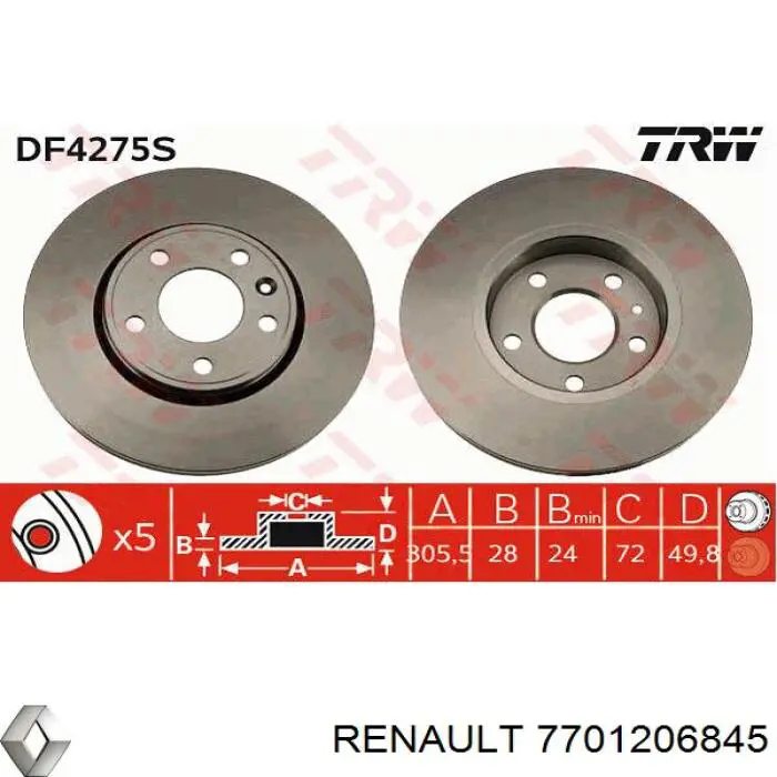 7701206845 Renault (RVI) disco de freno delantero