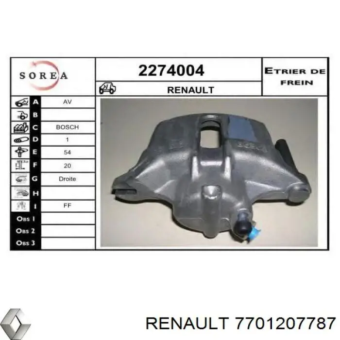 7701207787 Renault (RVI) pinza de freno delantera derecha