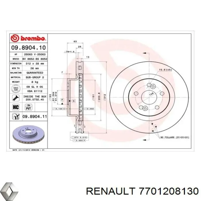 7701208130 Renault (RVI) freno de disco delantero