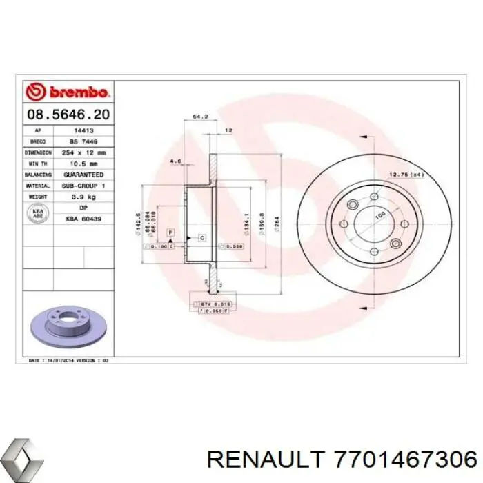 7701467306 Renault (RVI) disco de freno trasero