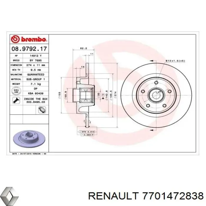 7701472838 Renault (RVI) disco de freno trasero