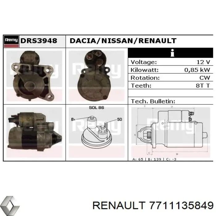 Burro de arranque  Renault (RVI) 7711135849 precio, desde 53,72 EUR