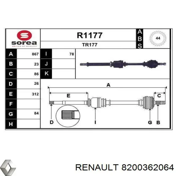 8200362064 Renault (RVI) Árbol de transmisión delantero derecho