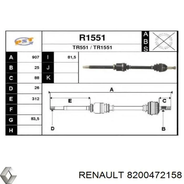 Semieje delantero derecho 8200472158 Renault (RVI)
