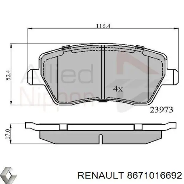 Pastillas de freno 8671016692 Renault (RVI)