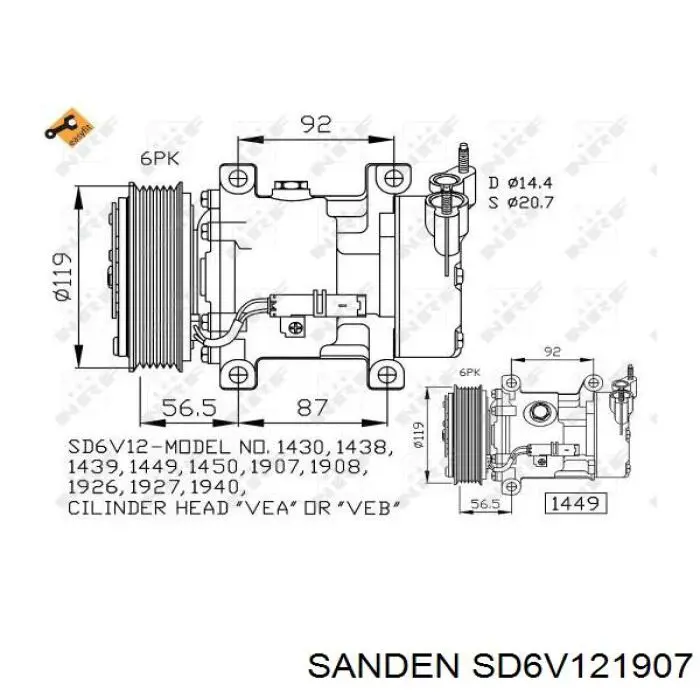 SD6V12-1907 Sanden compresor de aire acondicionado