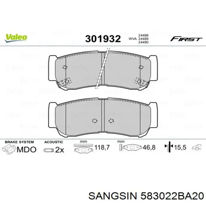 583022BA20 Sangsin pastillas de freno traseras