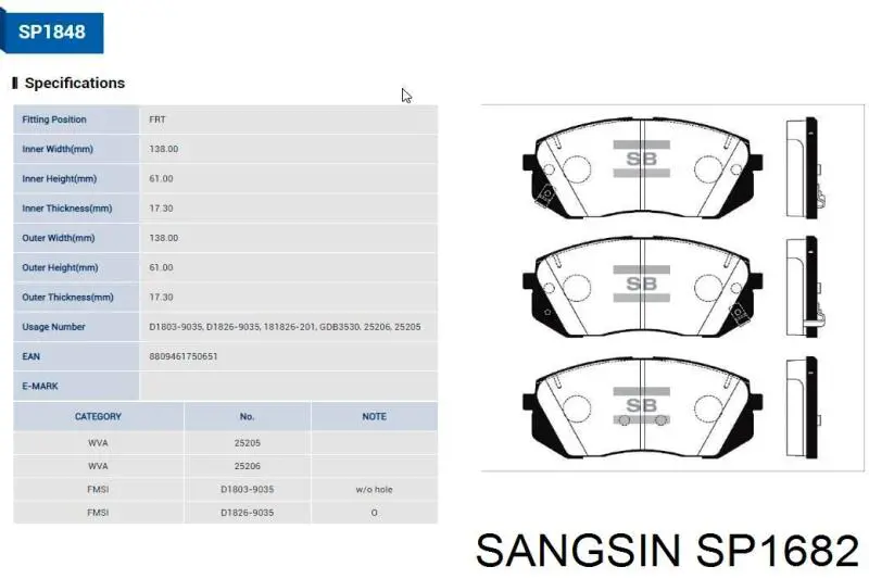 Comprar SP1682 Sangsin Pastillas delanteras de freno