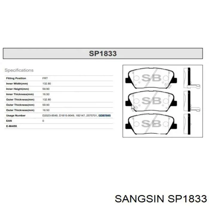 Comprar SP1833 Sangsin Pastillas delanteras de freno