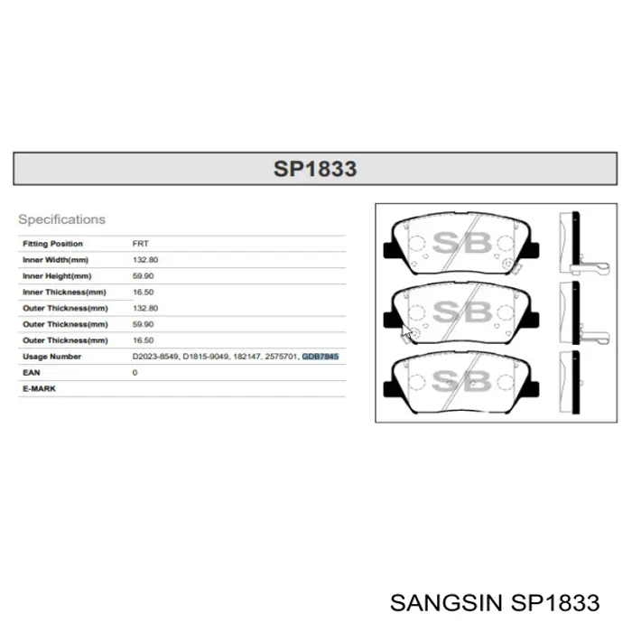 Pastillas de freno SP1833 Sangsin