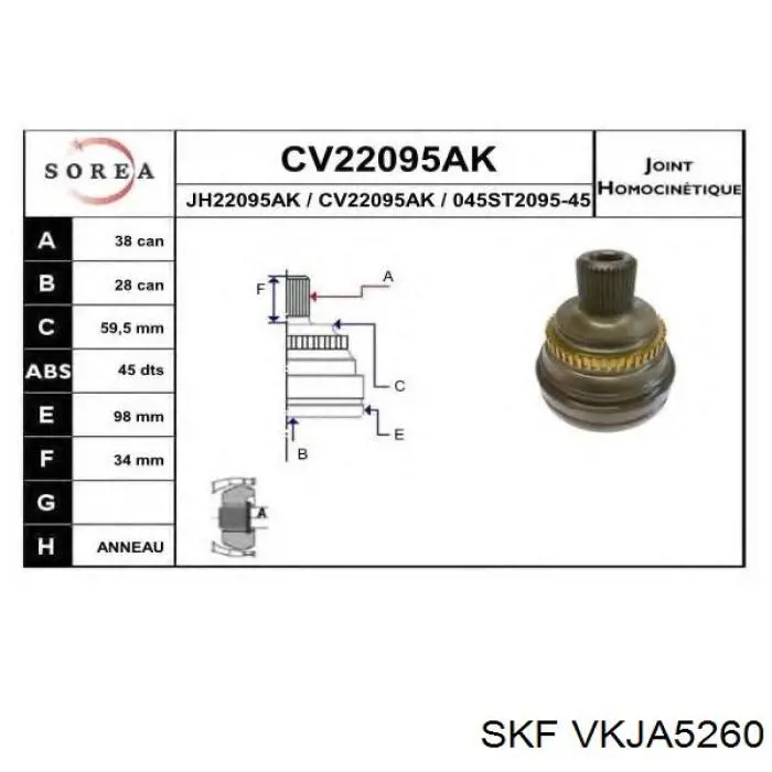 Junta homocinética exterior delantera SKF VKJA5260 precio, desde 82,76 EUR