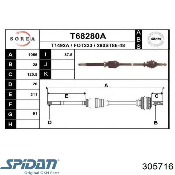 305716 GKN-Spidan árbol de transmisión delantero derecho