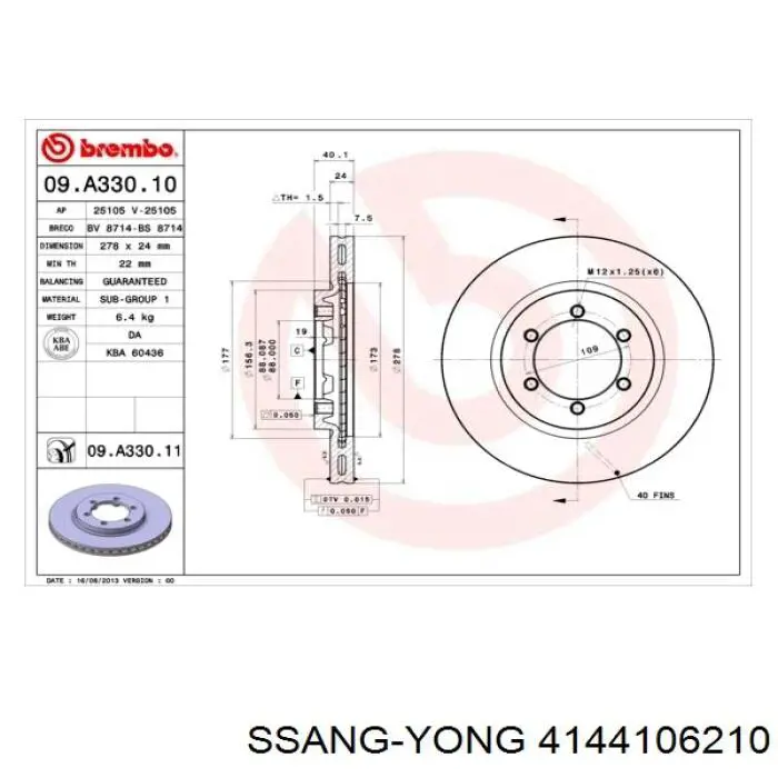 Frenos delanteros Ssang Yong 4144106210 precio, desde 35,39 EUR