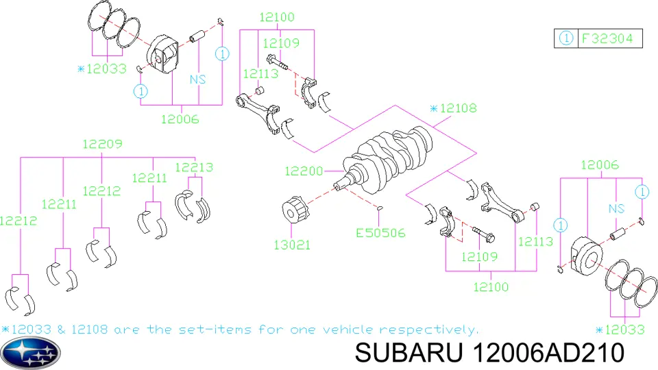 Pistón con pines sin anillos, STD para Subaru Legacy (B13)