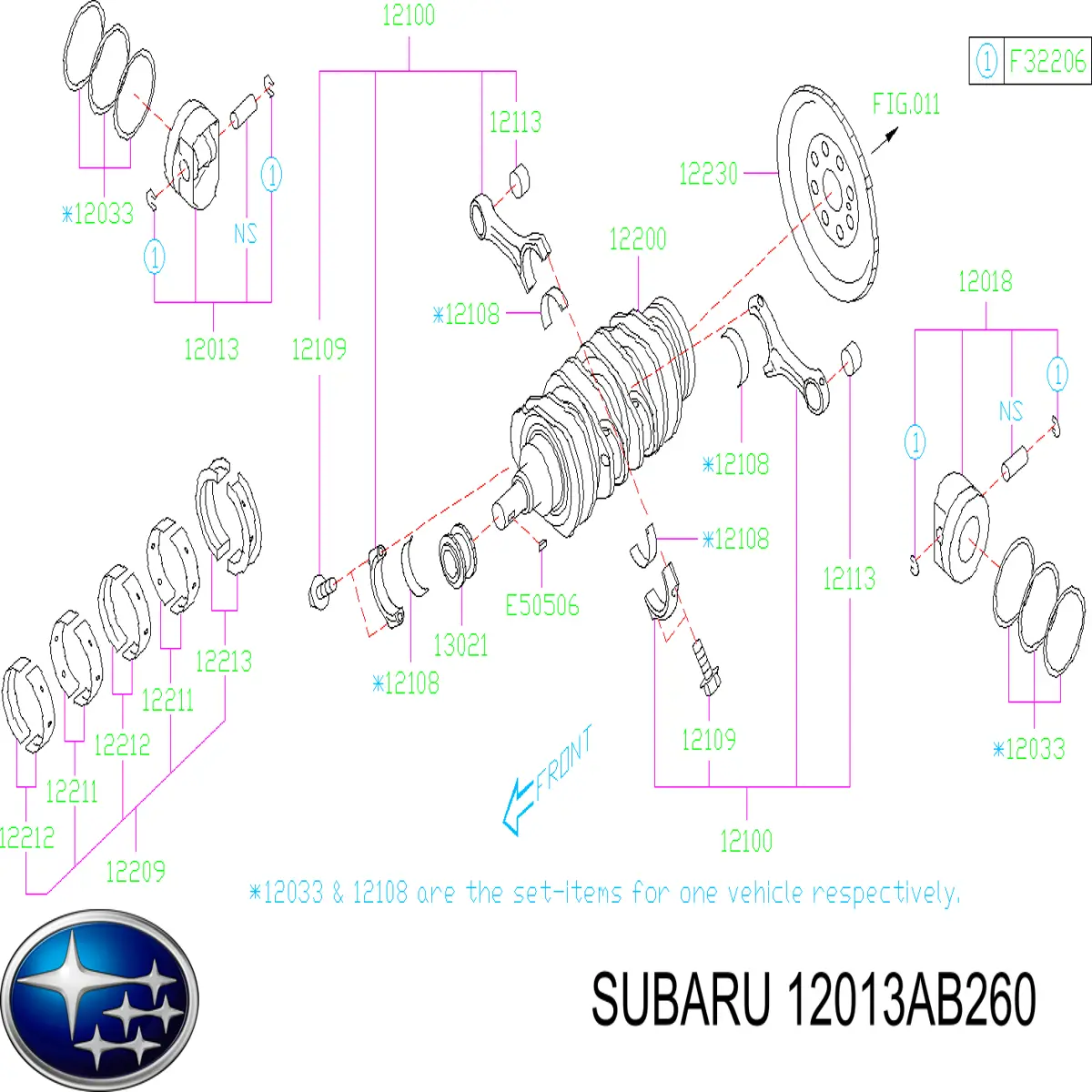 12013AB260 Subaru pistón con bulón sin anillos, std