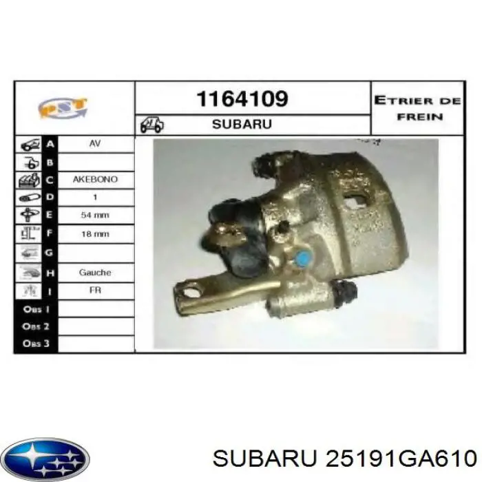 25191GA600 Subaru pinza de freno delantera derecha
