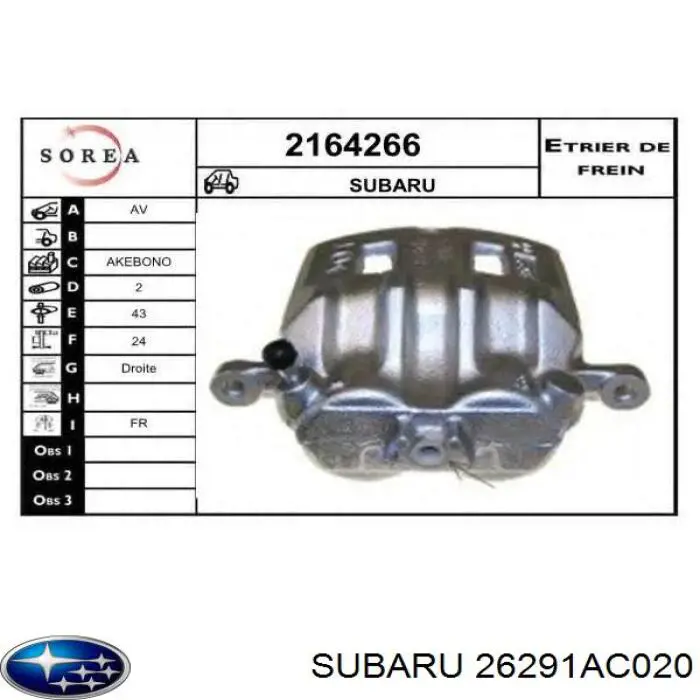Pinza de freno delantera derecha 26291AC020 Subaru