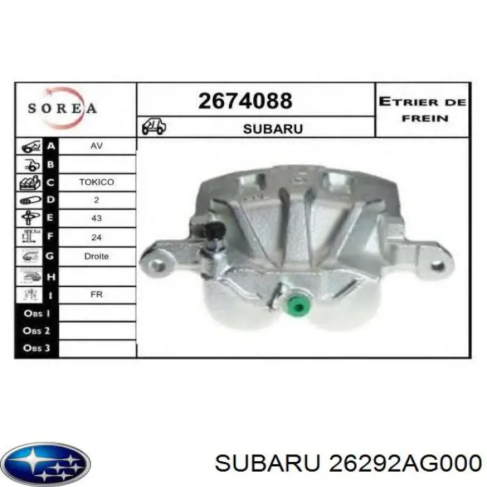 26292AG000 Subaru pinza de freno delantera derecha