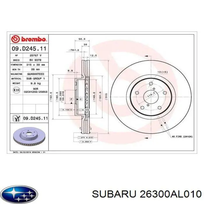 26300AL010 Subaru freno de disco delantero