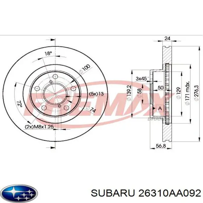 Disco de freno 26310AA092 Subaru