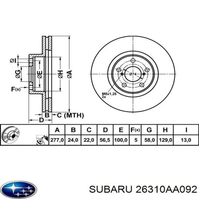 Disco de freno delantero Subaru 26310AA092