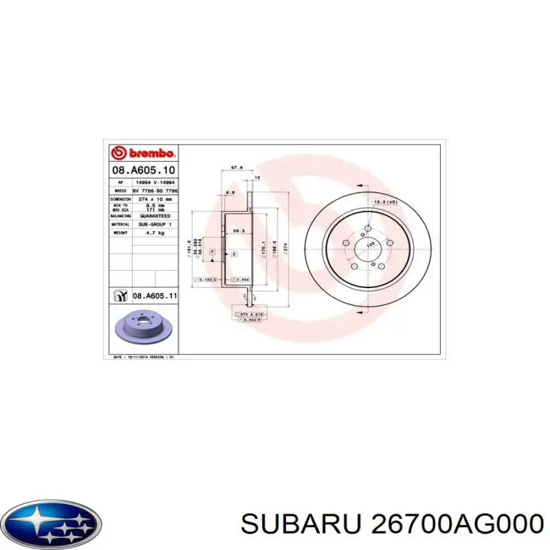 Disco de freno trasero Subaru 26700AG000 precio, desde 42,55 EUR