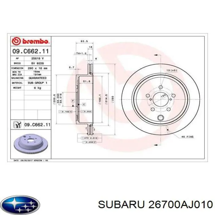 Disco de freno trasero 26700AJ010 Subaru