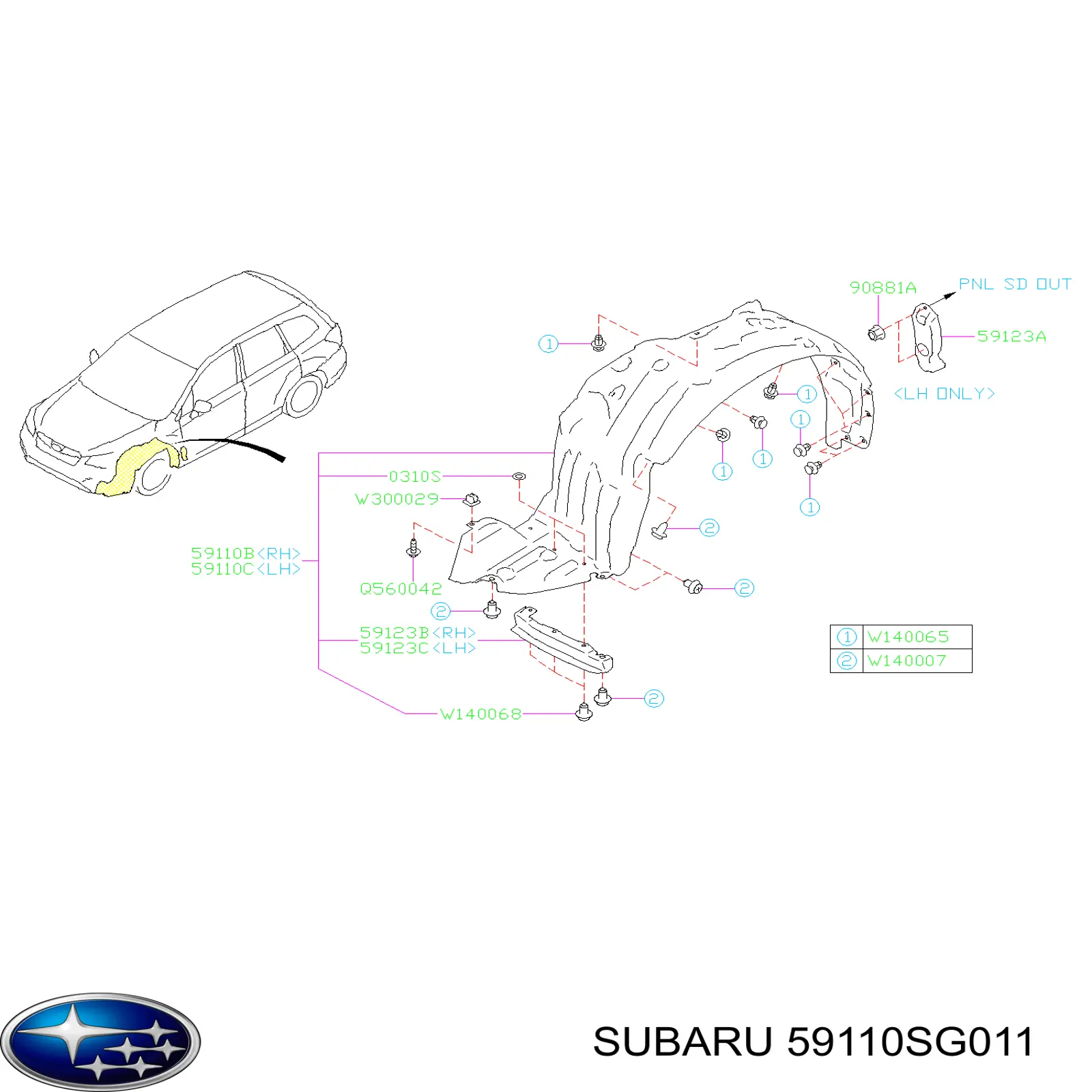 59110SG011 Subaru guardabarros interior, aleta delantera, izquierdo