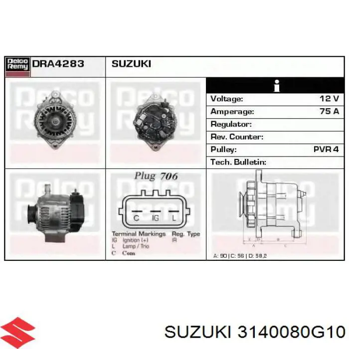 Alternador del motor Suzuki 3140080G10 precio, desde 142,89 EUR