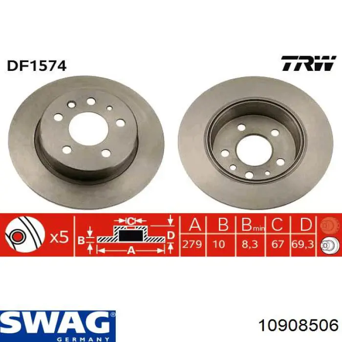 Disco de freno trasero 10908506 Swag