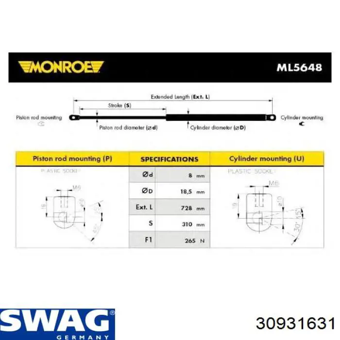 30931631 Swag muelle neumático, capó de motor