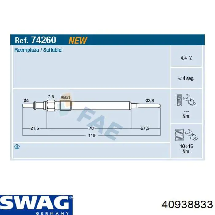 Bujía de precalentamiento 40938833 Swag