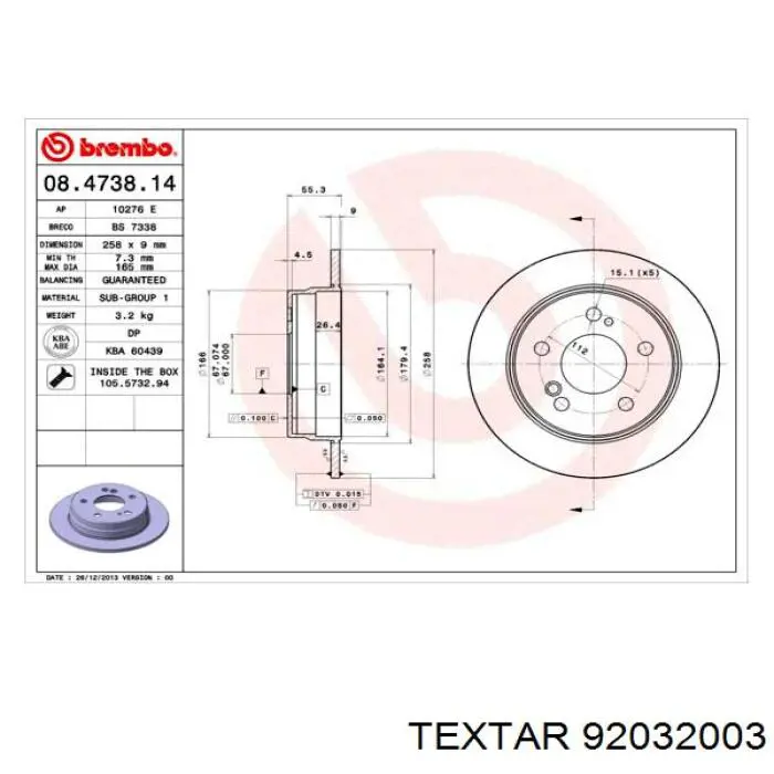 Disco de freno trasero 92032003 Textar