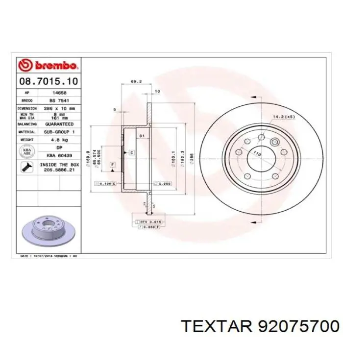 92075700 Textar disco de freno trasero