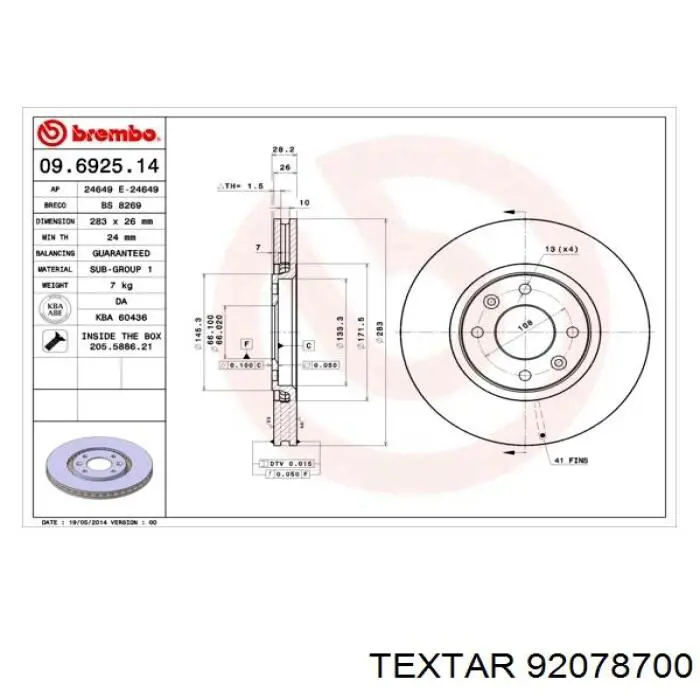 92078700 Textar freno de disco delantero